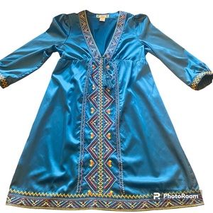 FLYING TOMATO Blue Embroided Mini Boho Dress. Size Medium Silky Hippie Festival
